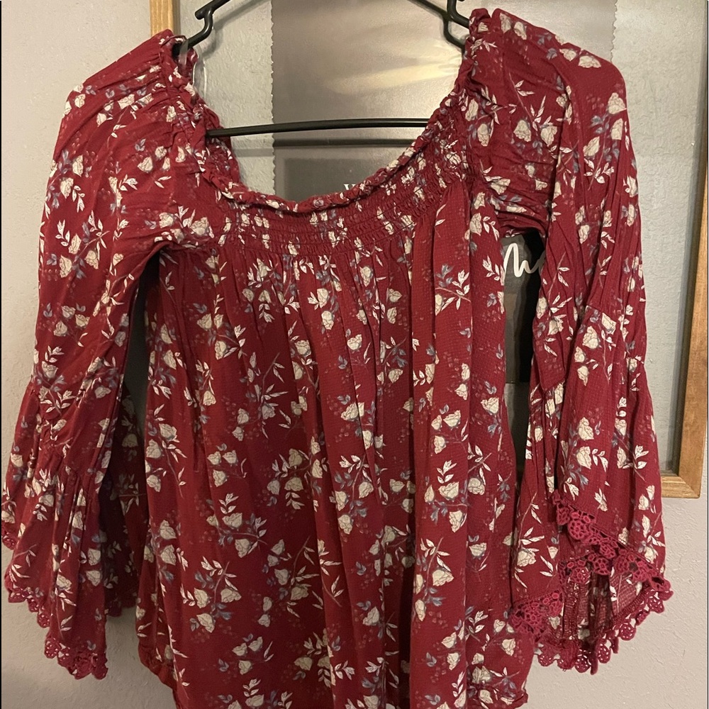 Red Floral Off the Shoulder Bell Sleeve- Large